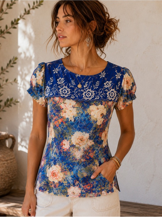 Source Unknown Tops - Satin Floral Embroidered Boho Top Puff Sleeve Pockets